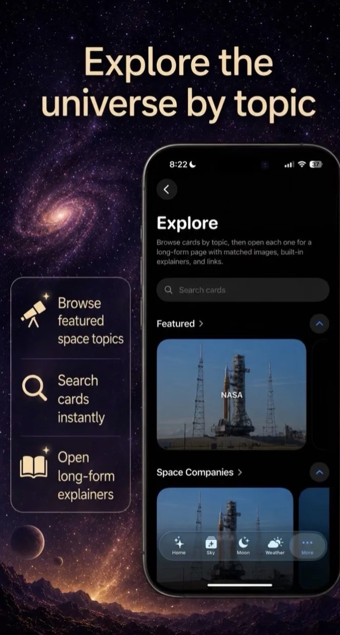 AstraScope Explore the universe by topic screen