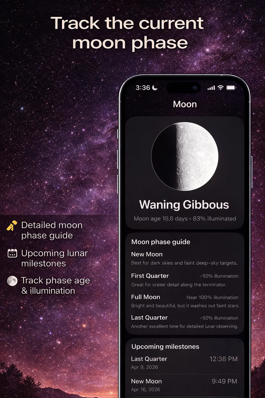 AstraScope Moon phase tracking